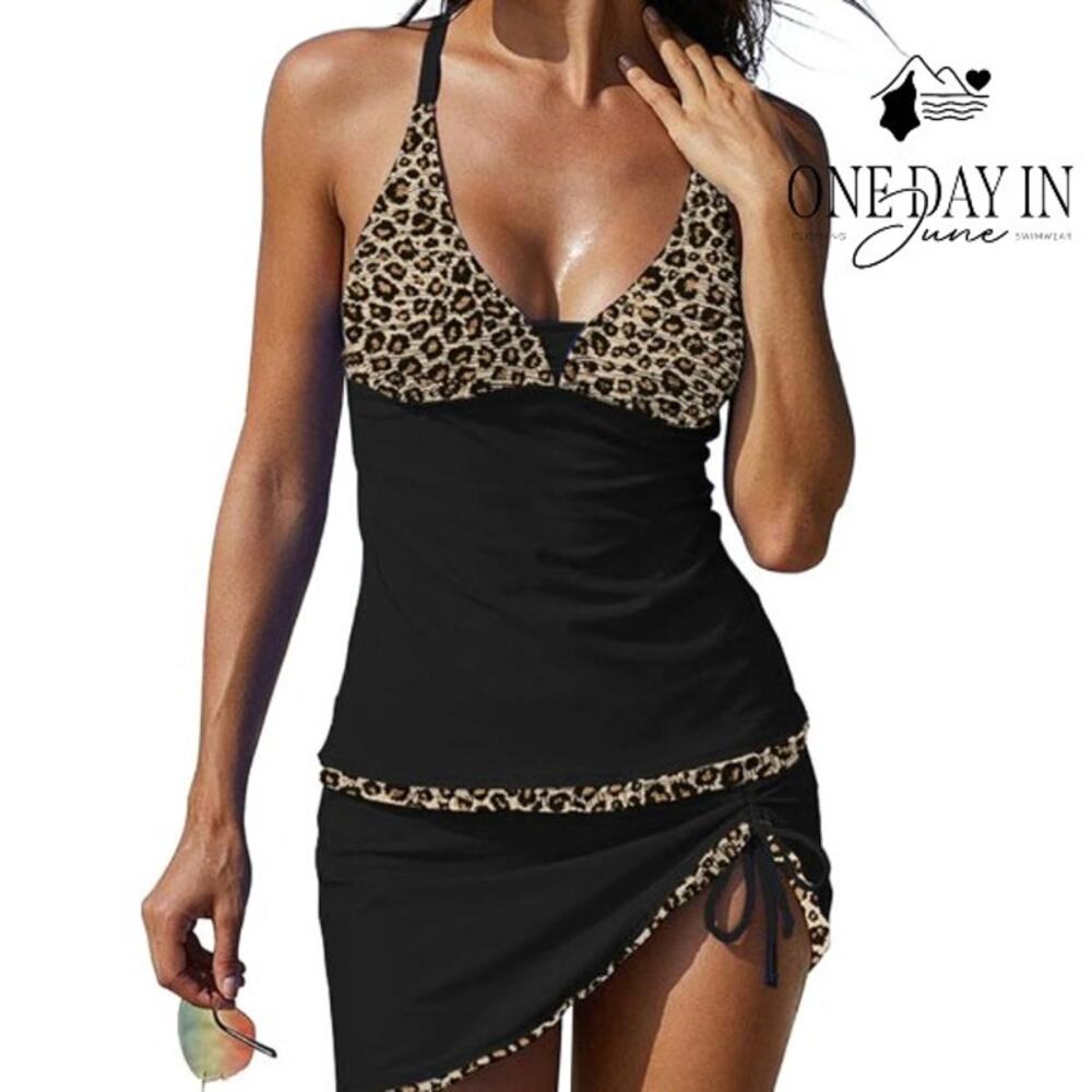 Rekita Plus Size Leopard Skirted Tankini Swimsuit Black NWT Size XXL